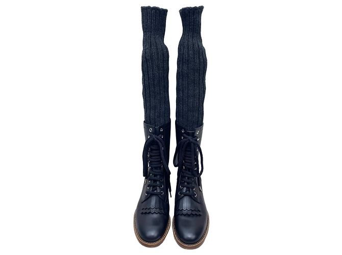 Chanel Sock Boots Black Fabric Double C
