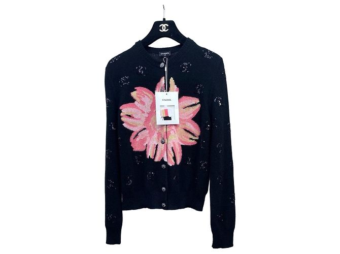 Chanel Schwarzer Kaschmir Strick Blumenmuster Double C Pailletten