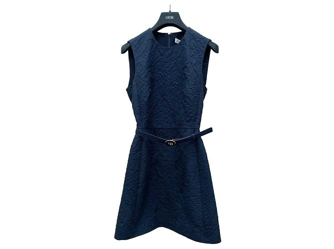 Vestido Dior Navy de Lã Sem Mangas com Cinto