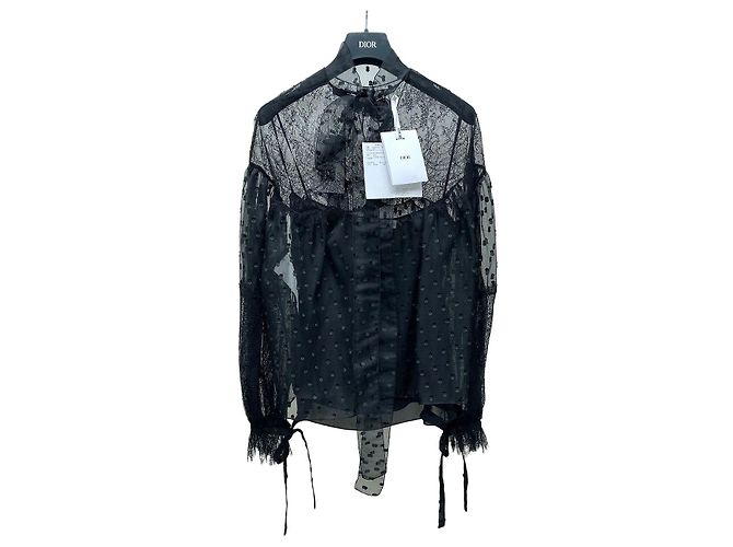 Camisa Dior de seda e renda preta