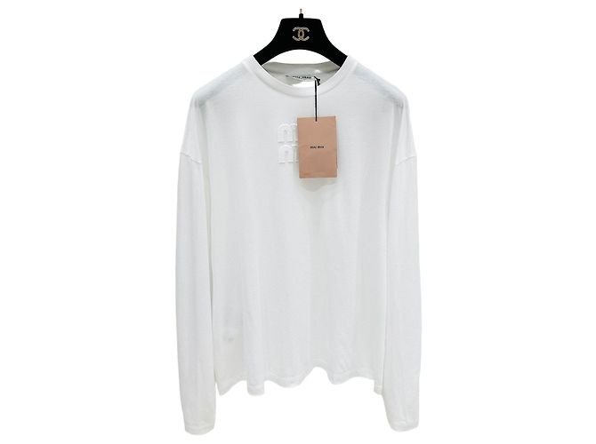 Miu Miu Baumwoll Top mit gesticktem Logo Weiß
