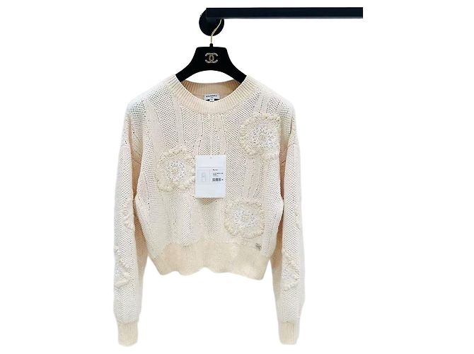 Chanel Camellia Strickpullover beige Baumwolle