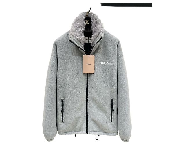 Miu Miu Oversized Fleecejacke mit Pelzkragen Grau