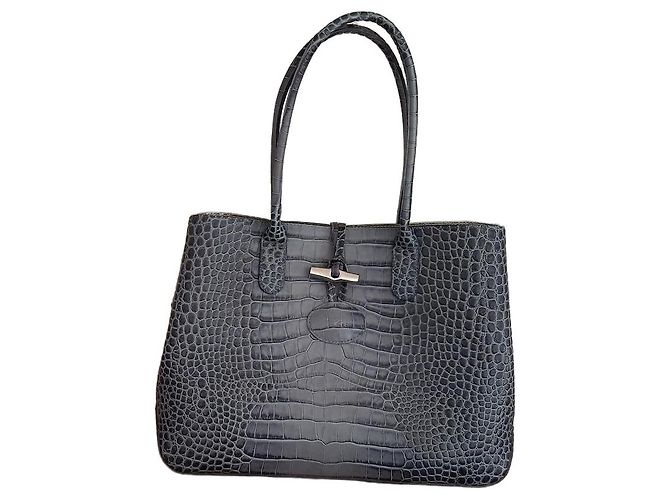Roseau Longchamp Sac Cabas Cane Cuir Effet Croco - Bleu