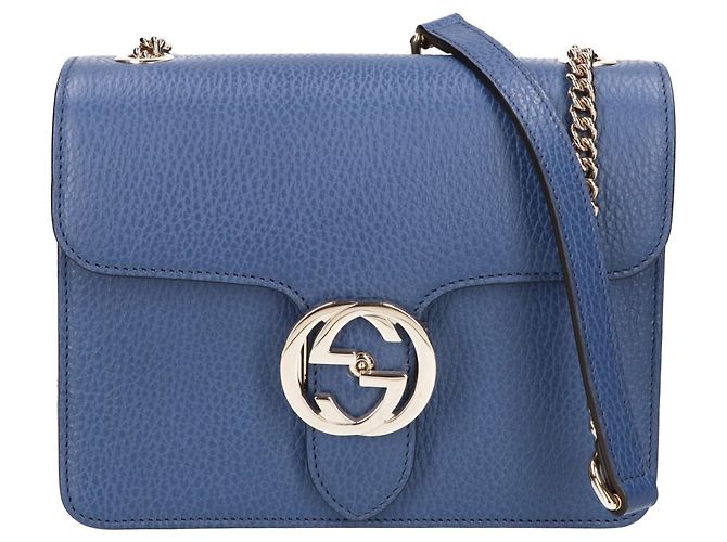 Gucci 510304 Bolsa de Ombro em Couro de Bezerro Grão com Corrente Interlocking G