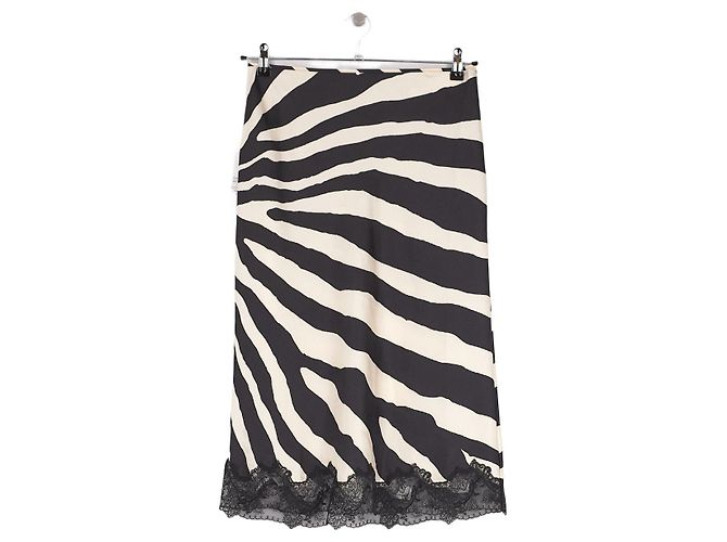 Autre Marque Saia midi BOA preta com estampa de zebra e renda
