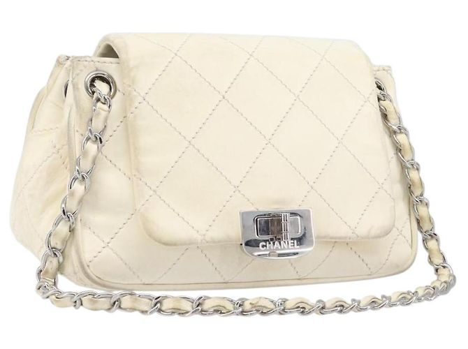 CHANEL Chain Shoulder Bag Leather Beige Silver CC