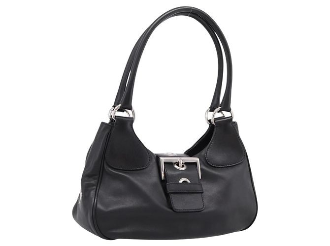 Bolsa de Ombro PRADA em Couro Preta Prata