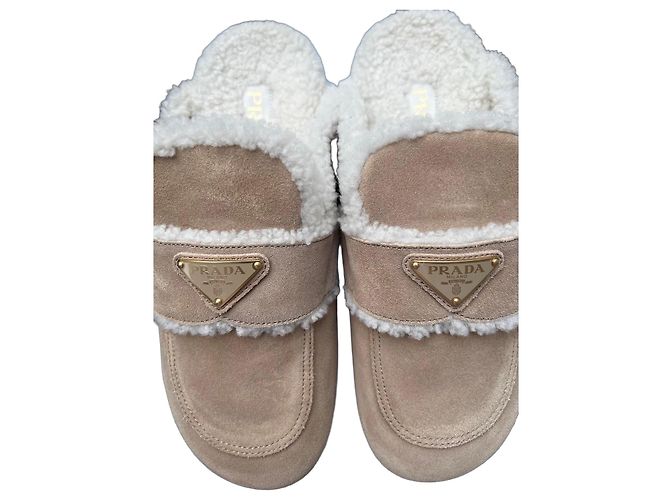 Prada Suede and Shearling Mules Ecru
