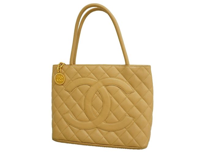 mala Tote Chanel em pele de bezerro grão beige