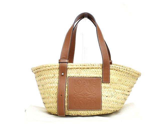 Cesto Loewe de ráfia tecida com aplique Medium