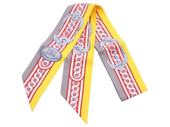 Hermès Lenço Twilly Hermes em Cinza e Amarelo
