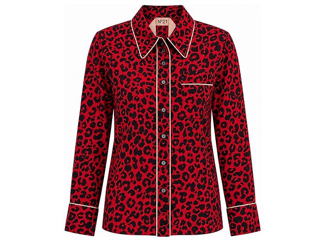 N°21 Camisa de seda com estampa de leopardo - Vermelho e Preto