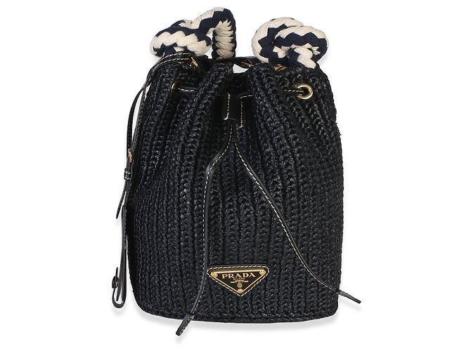 Prada Mini Borsa Secchiello in Crochet Effetto Raphia Nero con Coulisse