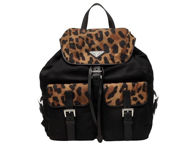 Prada Triangle Logo Plate Tessuto Leopard Backpack