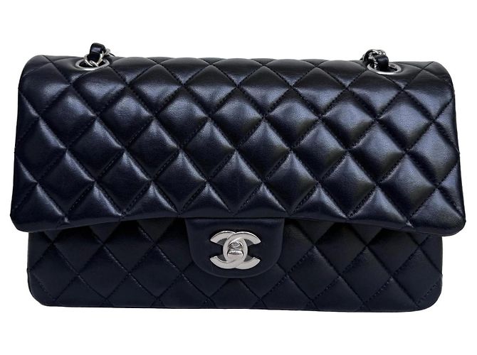 Chanel Classic Double Flap Medium Pelle Agnello Nero Argento