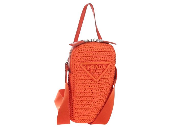 PRADA Shoulder Pouch Raffia 2way Orange Silver