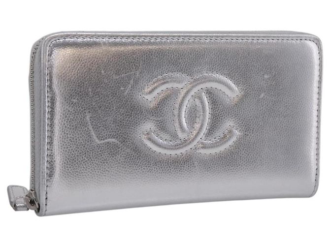 CHANEL Long Wallet Leather Silver CC