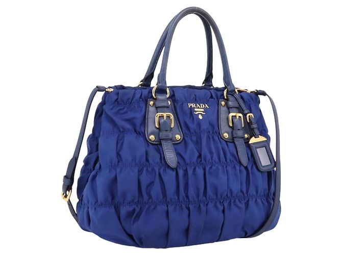 PRADA Sac à main froncé Nylon 2way Bleu Or