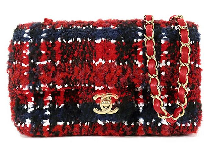 Chanel Red Mini Rectangular Classic Tweed Plaid Single Flap