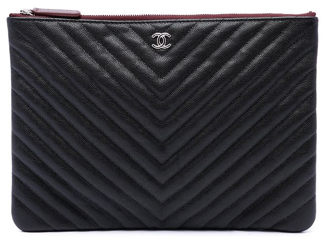 Chanel Black Medium CC Chevron Caviar O Case Clutch