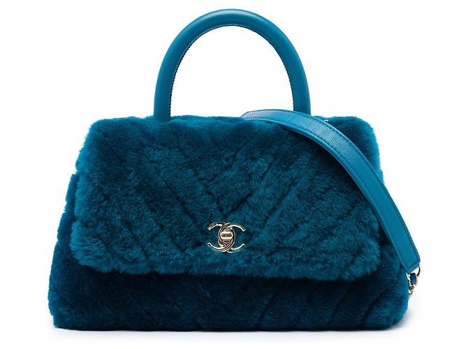 Bolso Chanel Blue Mini Chevron Shearling Coco Top Handle