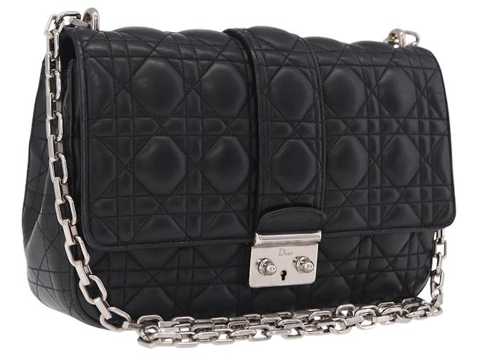 Christian Dior Canage Chain Shoulder Bag Leather Black Silver