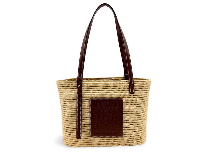 Loewe Square Basket Mini em ráfia tecida e couro