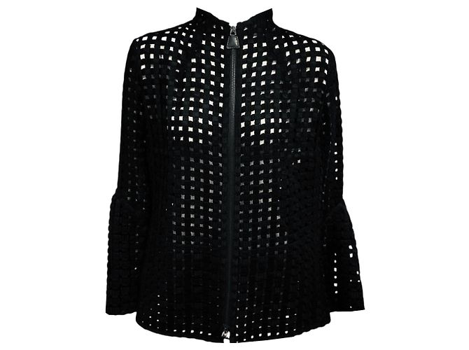 Akris Black Embroidered Wool Lattice Zip Front Jacket
