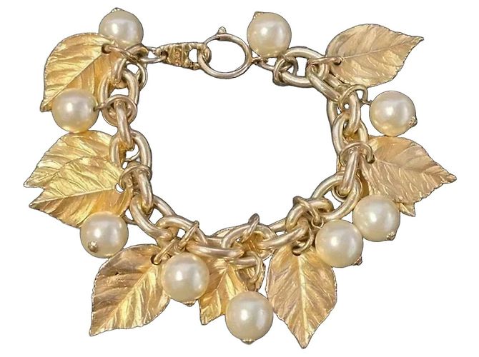 Autre Marque Pulseira Monet de folhas e pérolas douradas