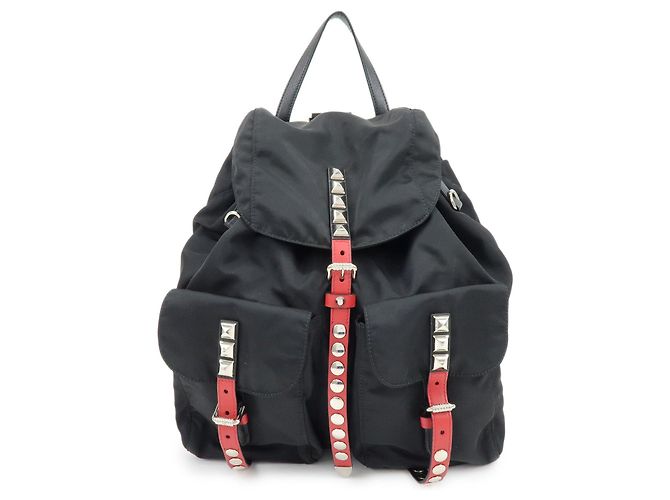 PRADA Triangle Logo Nylon Leather Backpack Studs Black Red1BZ811