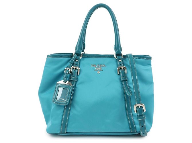 PRADA Borsa Tote 2Way in Nylon e Pelle Borsa a Mano e a Spalla Celeste BN1841