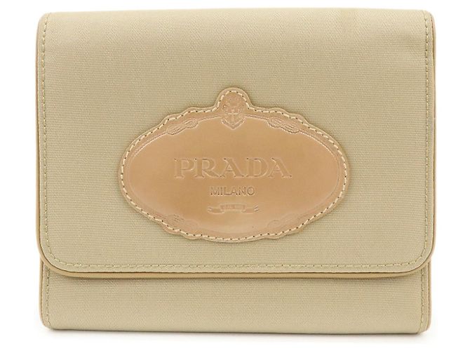 PRADA Logo Nylon Leather Compact Trifold Wallet Beige 1M0170