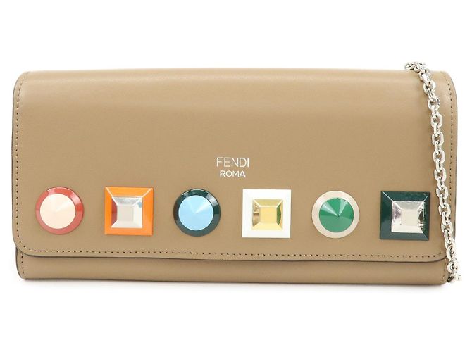 FENDI Leather Studs Chain Shoulder Wallet Long Wallet Beige 8M0365