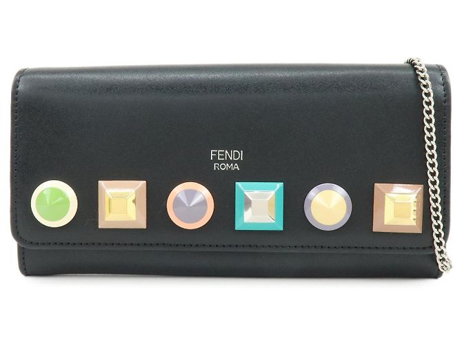 FENDI Leather Studs Chain Shoulder Wallet Long Wallet Black 8M0365