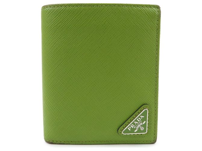 PRADA Triangle Logo Saffiano Leather Compact Wallet Light Green