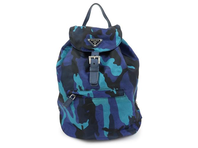 PRADA Triangle Logo Nylon Leather Backpack Camouflage Motif Blue