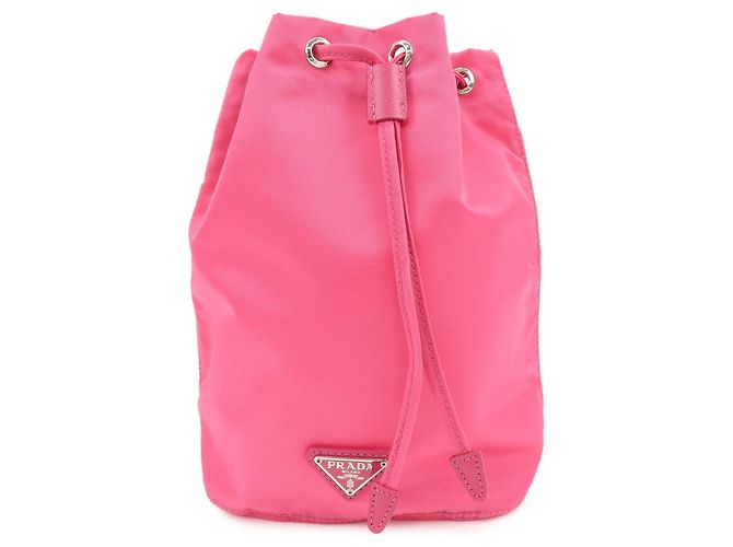 PRADA Triangle Logo Nylon Leather Drawstring Pouch Pink 1N0369