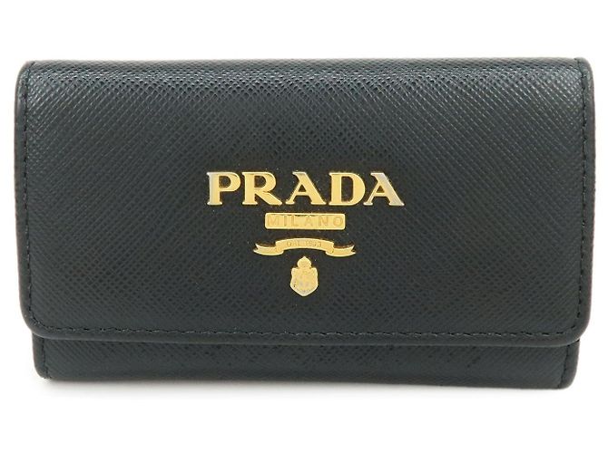PRADA Logo Saffiano Leather 4 Ring Key Case Key Holder Black