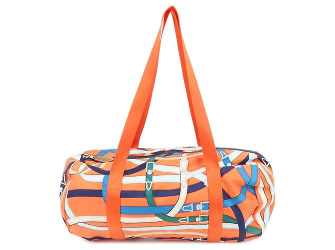 Hermès HERMES Airsilk Duffle 38 Mala de Ombro e de Mão em Couro e Seda Laranja