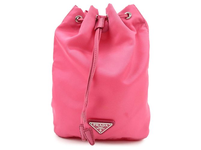 PRADA Triangle Logo Nylon Leather Drawstring Pouch Pink 1N0369