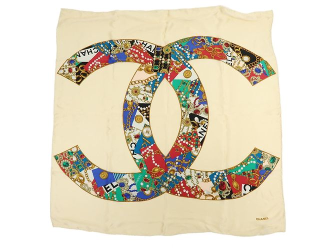 CHANEL COCO Mark Seidentuch 100% Seide Schmuck-Motiv Beige Multicolor