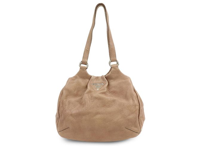 PRADA Logo Leder Schultertasche Handtasche Beige