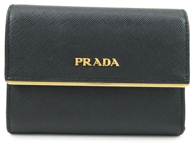 Cartera compacta bi-fold de piel Saffiano PRADA Negra Oro 1MH840