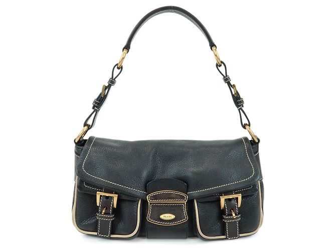Borsa a spalla e borsa a mano in pelle con logo e cuciture PRADA Nero