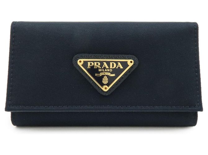 PRADA Triangle Logo Nylon Saffiano Leather Key Case Black 1M0222