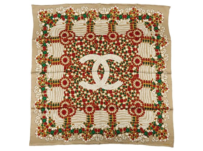 CHANEL COCO Mark Silk100% Schmuck-Muster Schal Braun Rot