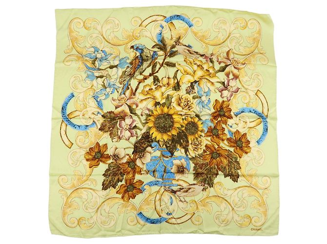 CHANEL Seidentuch 100% Sonnenblumenmuster Schal Hellgrün