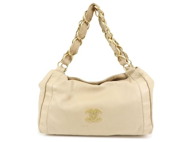 Bolsa de Ombro e de Mão CHANEL COCO Mark em Pele de Cordeiro com Corrente, Bege