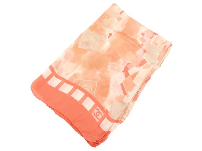 Lenço CHANEL COCO Mark 100% Seda Rosa Laranja Branco